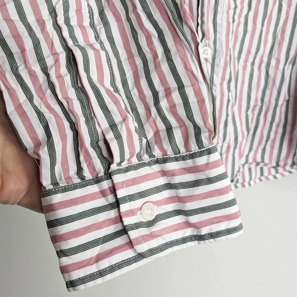 NEW Frank & Eileen Barry Crinkle Woven Button Up in Pink / Green Stripe - Picture 5 of 9